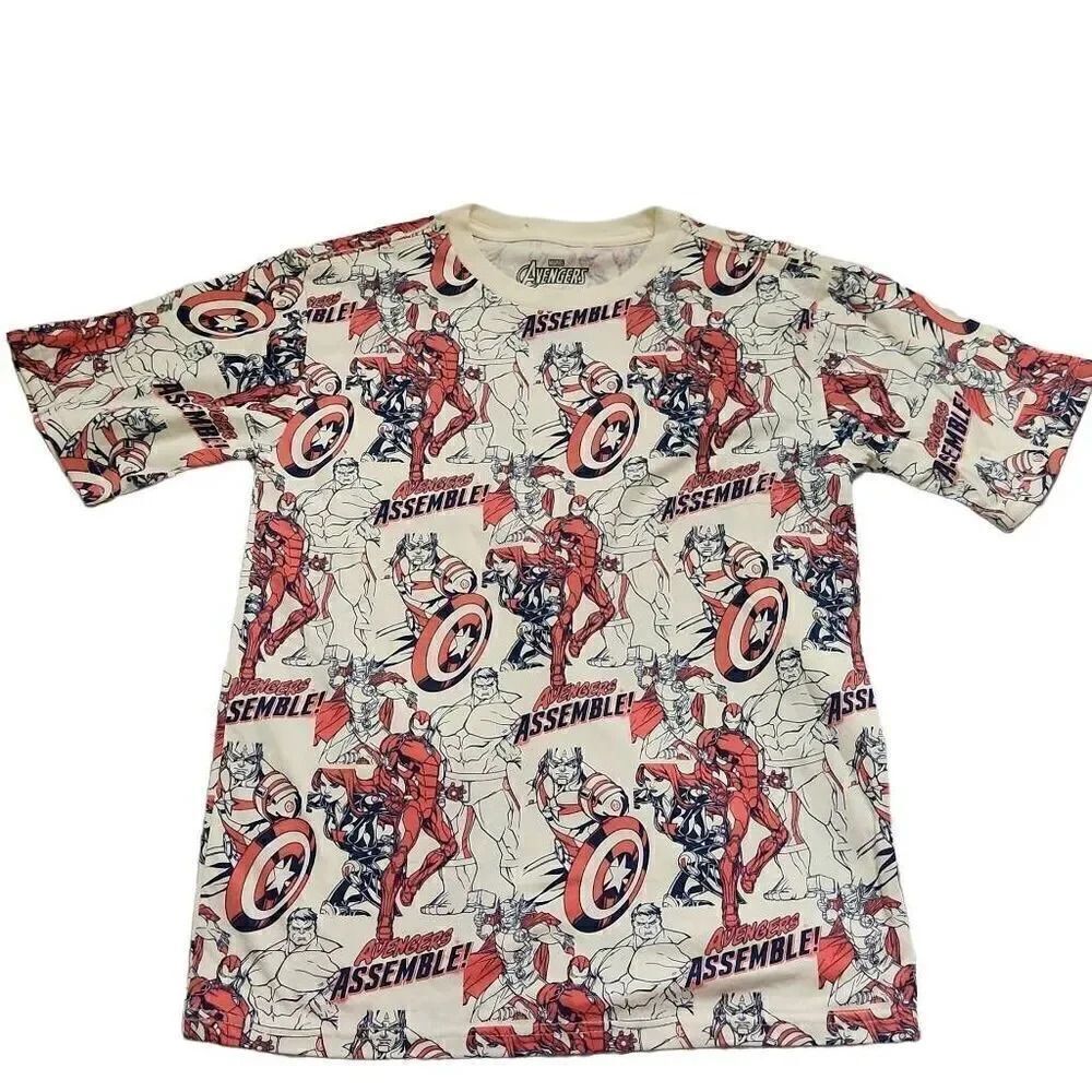 Marvel Boys Size 12 Cream Red Navy Avengers Assemble Graphic Print Shirt